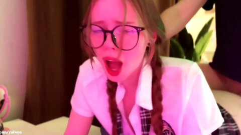 Nerdy Russian Schoolgirl with Pigtails Gets Her Petite Pussy Fucked