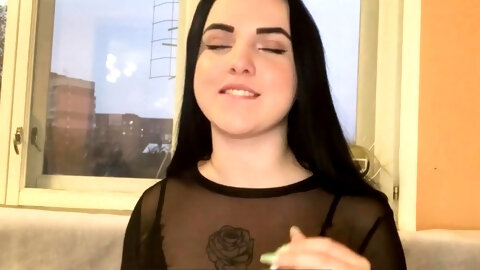 Tattooed babe with small tits smokes and sucks