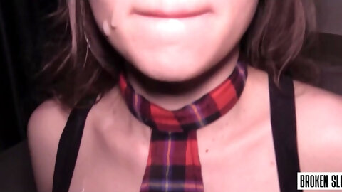 Hot student does a deep throat blowjob and gets a big dose of cum on her face