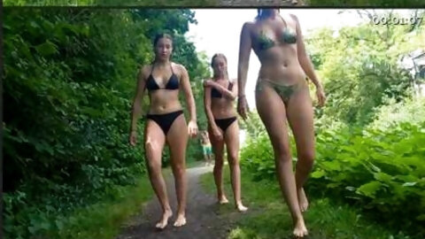 Following Teen Trio In Bikini
